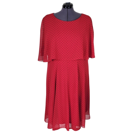 Danny & Nicole Midi Cape Dress Size 22W Red Black Polka Dot Back Zip Lined - Picture 2 of 11
